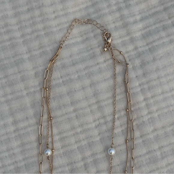 Gold-Tone Multi-Layer Stacked Chain Necklace With Faux Pearls & Heart Charms - Picture 3 of 4